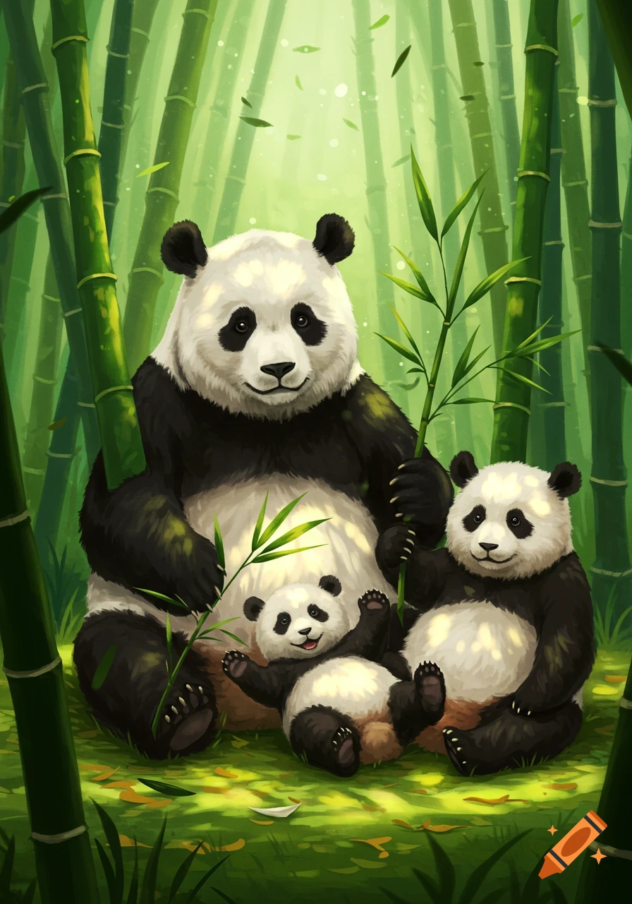 Illustrated panda family: two adults and a baby, relaxing in a vibrant bamboo forest.
