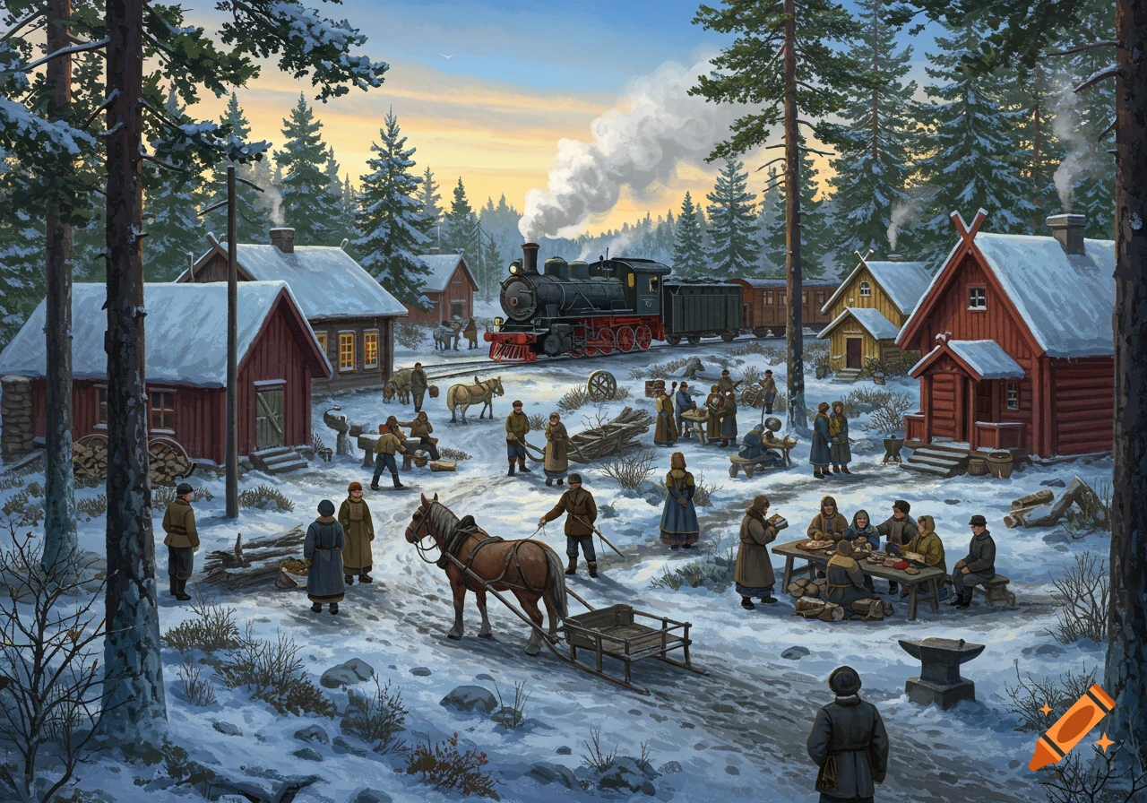 A detailed painting of a bustling Finnish village in winter, with people, horses, wooden houses, and a steam train on tracks.