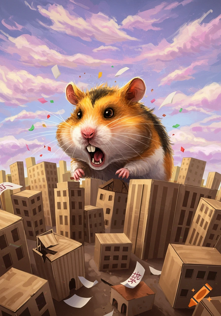A giant, angry hamster looms over and destroys a miniature city made of cardboard boxes under a dramatic sky.