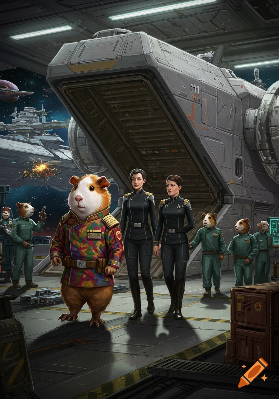 A guinea pig captain in a colorful military uniform stands with two human commodores in black uniforms in a sci-fi spaceship hangar, with other guinea pig crew and a space station.