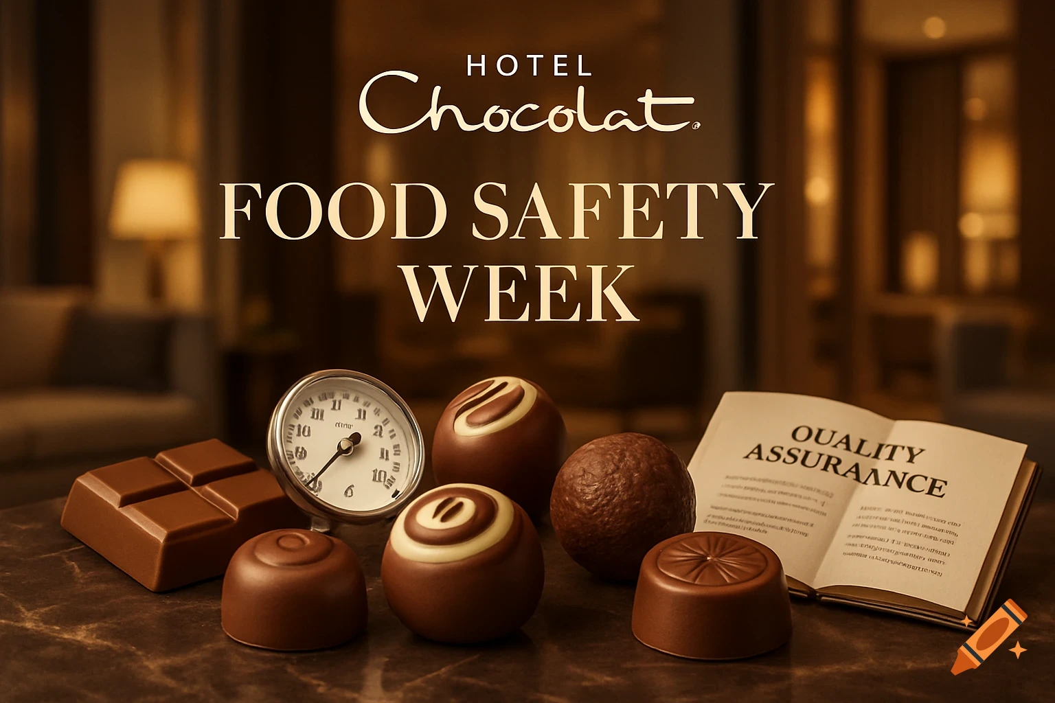 Hotel Chocolat banner with 'FOOD SAFETY WEEK' above chocolate bars, truffles, a gauge, and an open book on a marble surface.