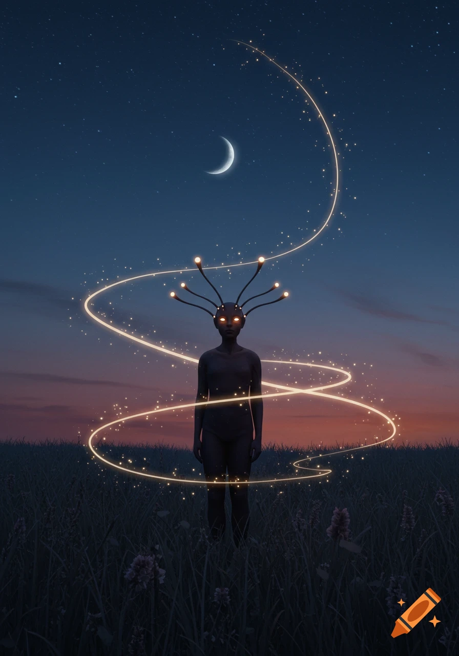 Dark, stylized figure with glowing antennae and eyes stands in a field under a starry twilight sky and crescent moon, enveloped by golden light trails.