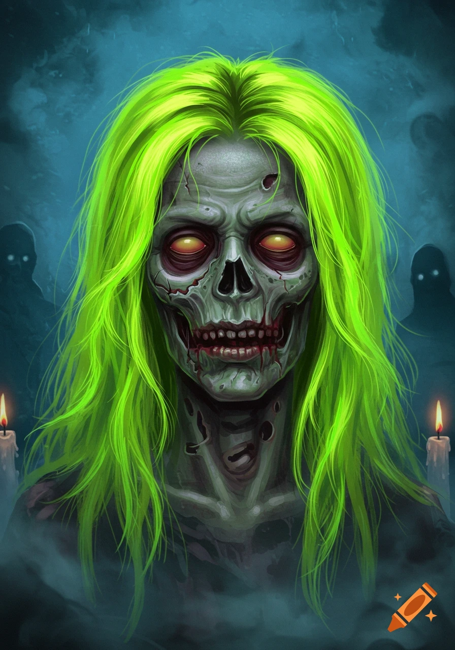 Stylized illustration of a zombie with bright neon green hair and glowing orange eyes in a dark, misty setting.