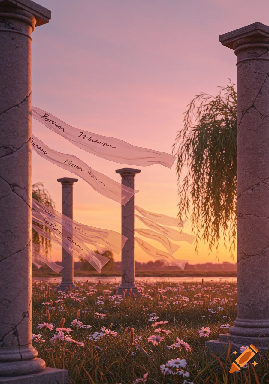 A sunset landscape with ancient, cracked columns, a field of white and pink flowers, and translucent ribbons with flowing, illegible text.