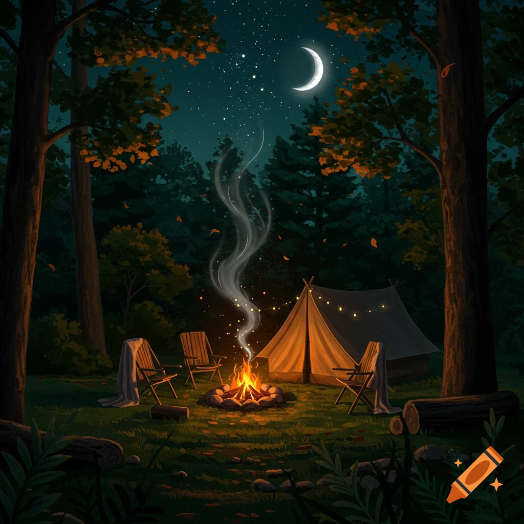 A cozy, illustrated night camping scene with a crackling campfire, a lit tent, chairs, tall trees, and a crescent moon in a starry sky.