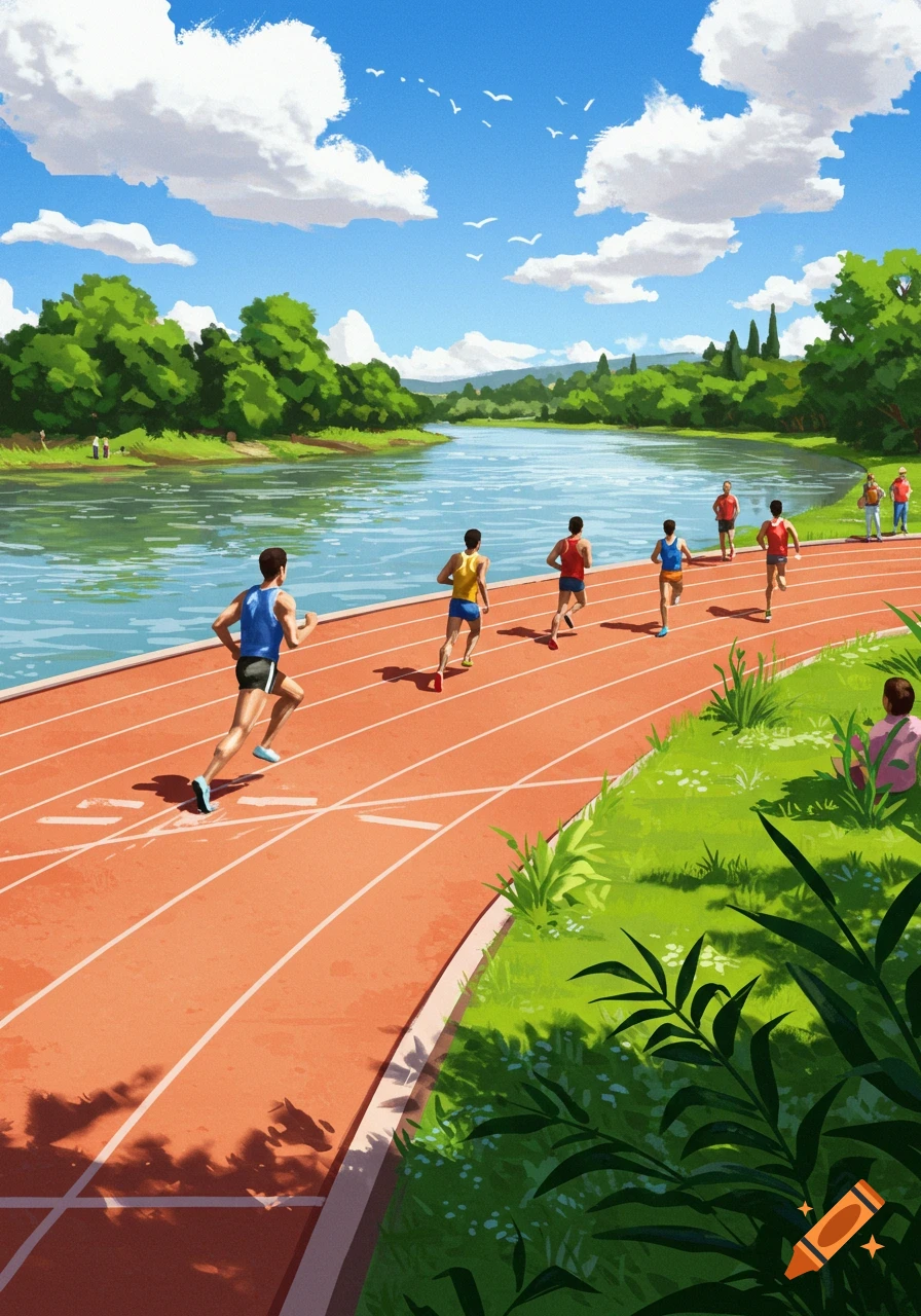 Illustrative view of runners on a track beside a river, surrounded by green trees under a bright blue sky.