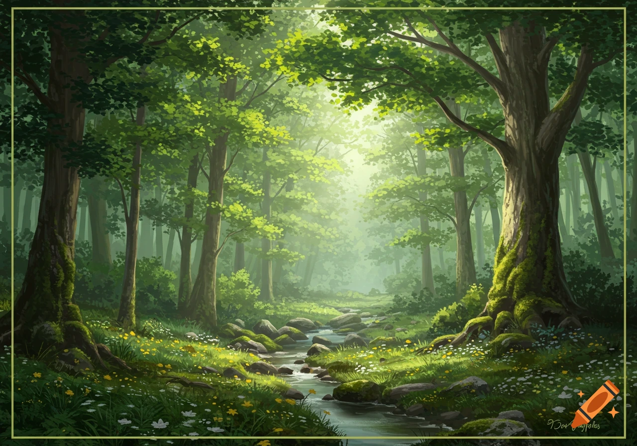 A vibrant green forest scene with light rays illuminating tall trees, a rocky stream, and scattered wildflowers.