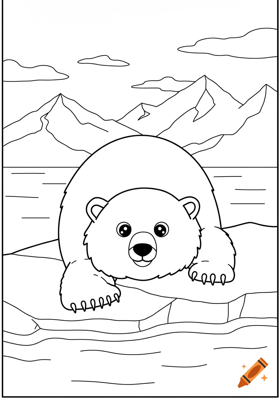A black and white line art coloring page features a cute polar bear lying on an ice floe, with snowy mountains and clouds in the background.