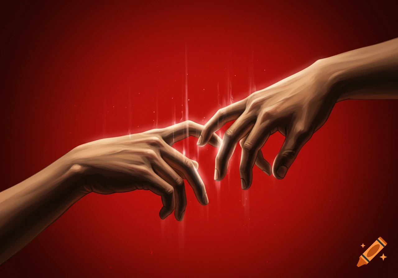 Digital art of two hands with glowing fingertips reaching towards each other on a red background.