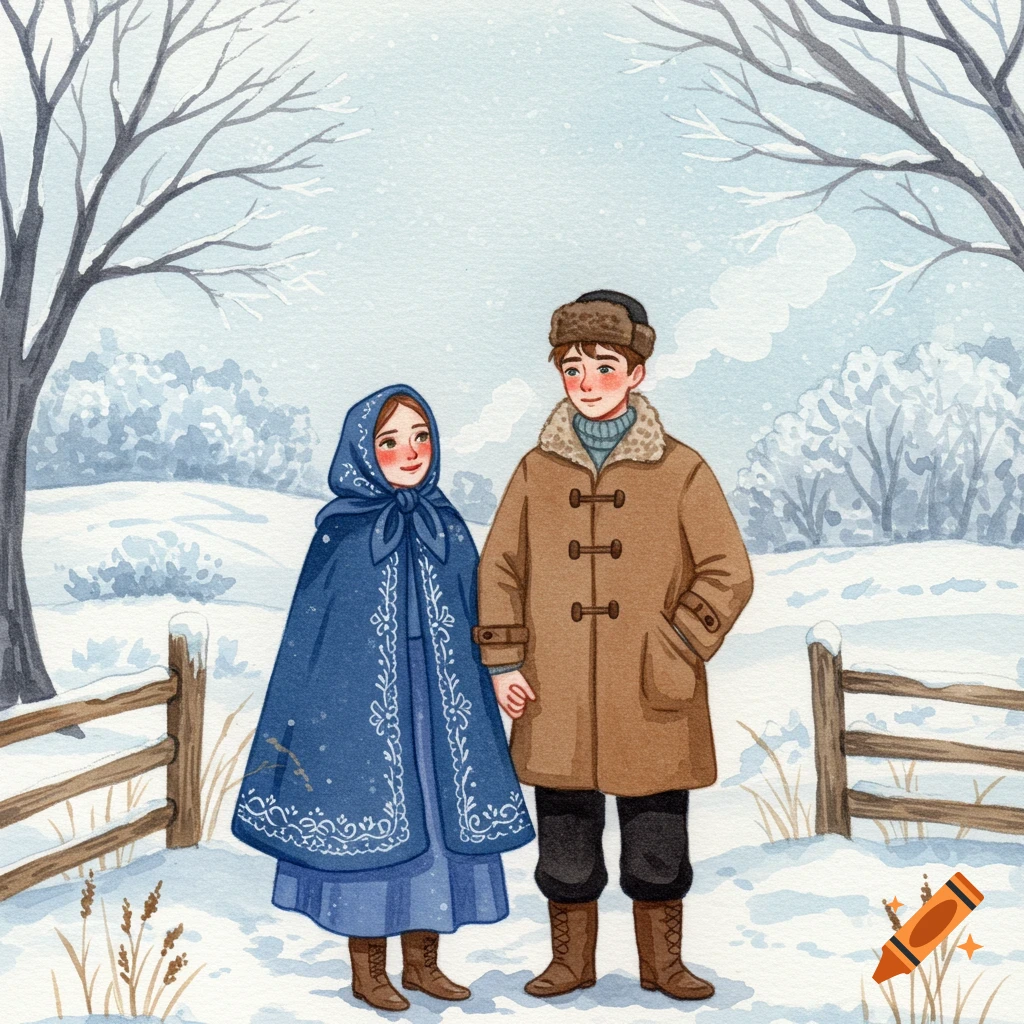 Whimsical watercolor illustration of a young couple holding hands in a snowy winter landscape, dressed in traditional country attire.