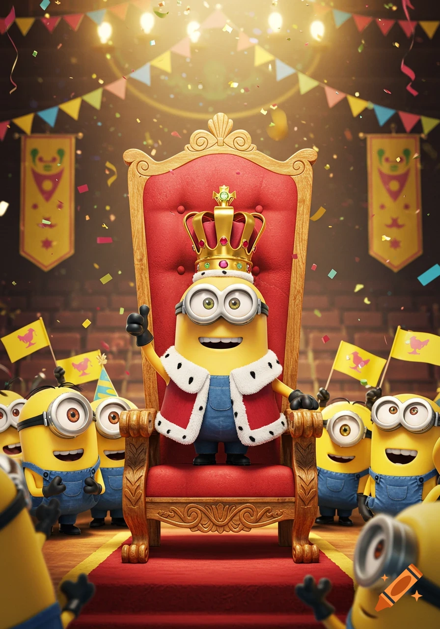 King Bob Minion sits on a red throne, wearing a crown and royal robe, surrounded by cheering Minions and falling confetti.