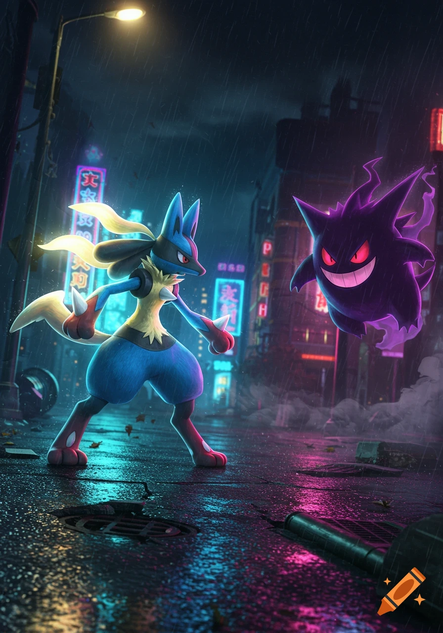 Shiny Mega Lucario and Mega Gengar face off in a dark, rainy cyberpunk city street with neon signs.