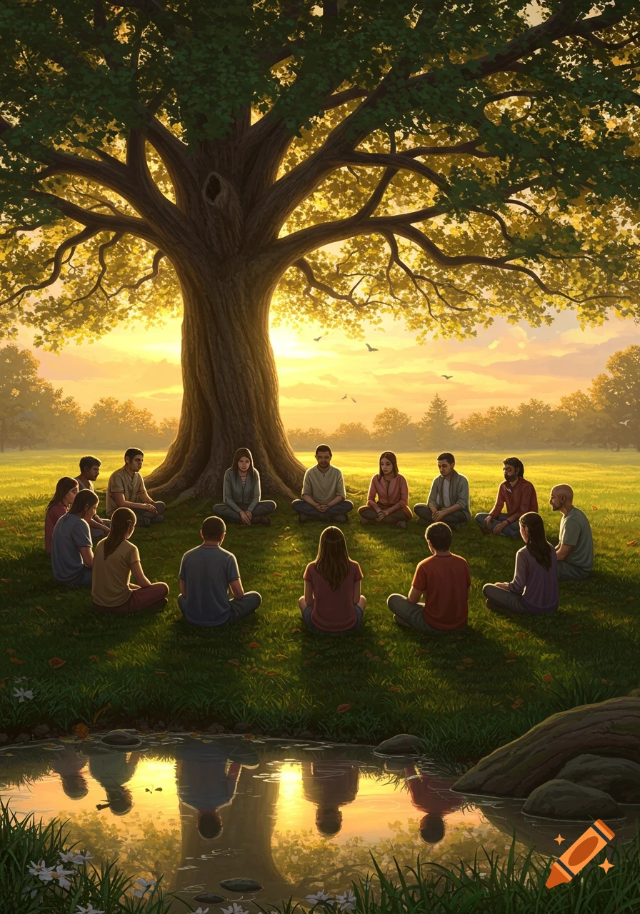 A diverse group of people sits in a circle under a large tree in a golden field at sunset, with reflections in a foreground pond.