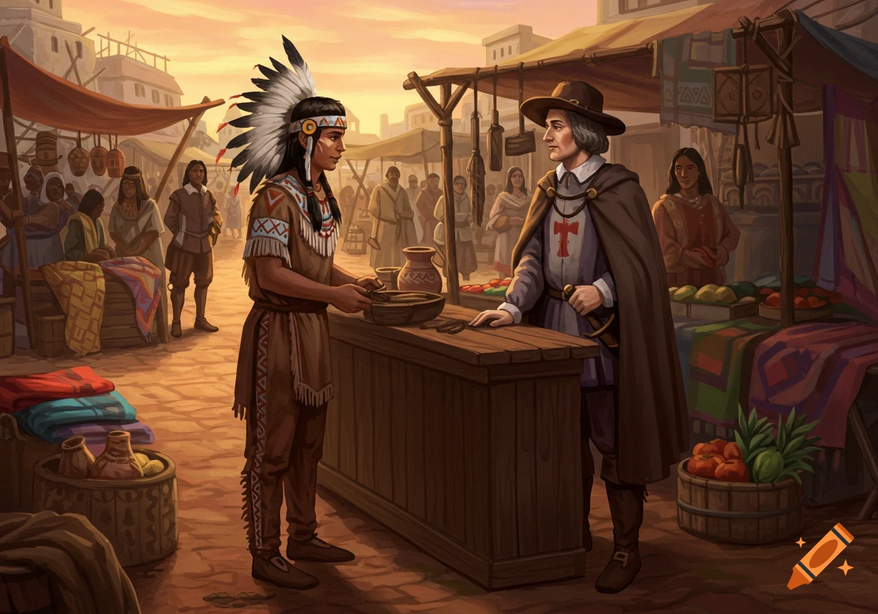 A Native American man in a feathered headdress talks to Christopher Columbus across a market stall in a bustling historical marketplace, digital art.
