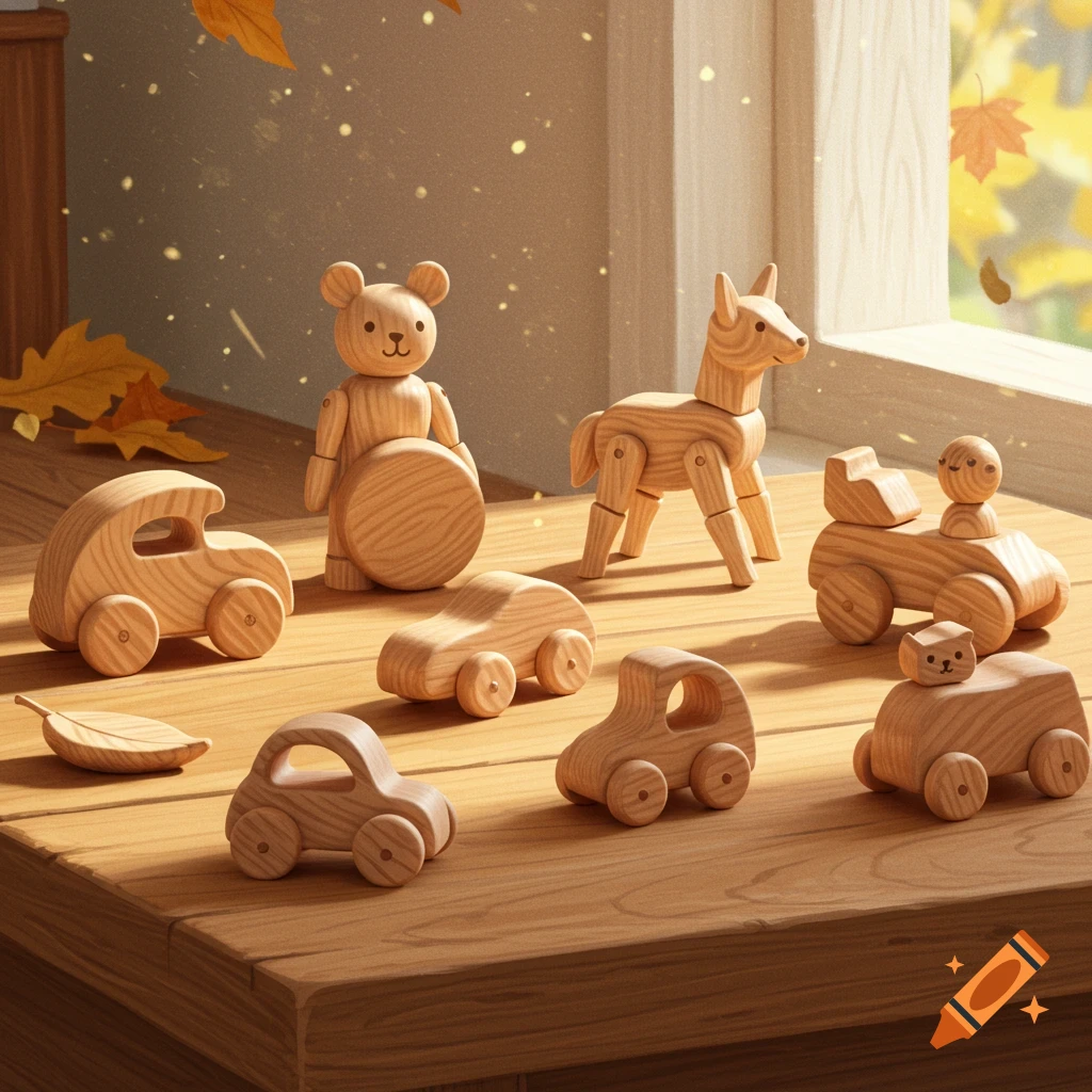 A collection of wooden toys, including cars, a bear, and a horse, arranged on a wooden table with autumn leaves and sunlight.