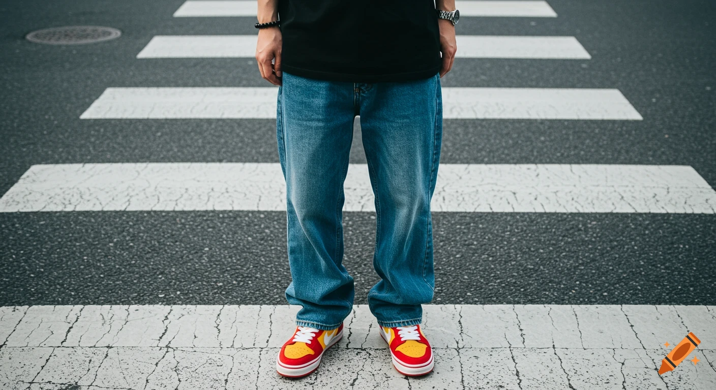 A person stands on a zebra crossing wearing baggy jeans, a black t-shirt, a watch, and red and yellow sneakers.