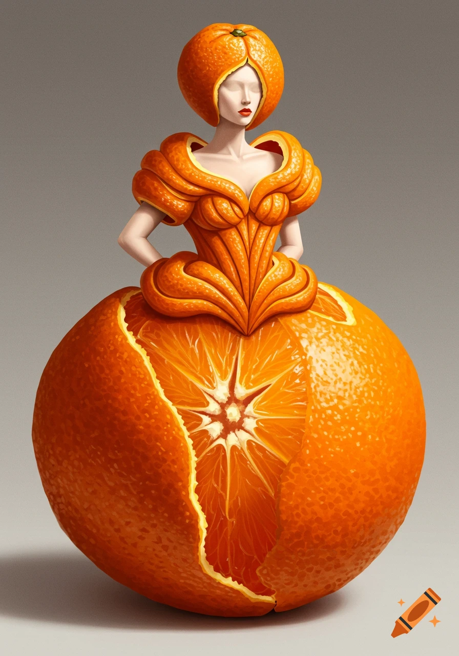 A surreal figure in an elaborate orange dress, with an orange for a head and a skirt resembling a peeled orange, on a gray background.