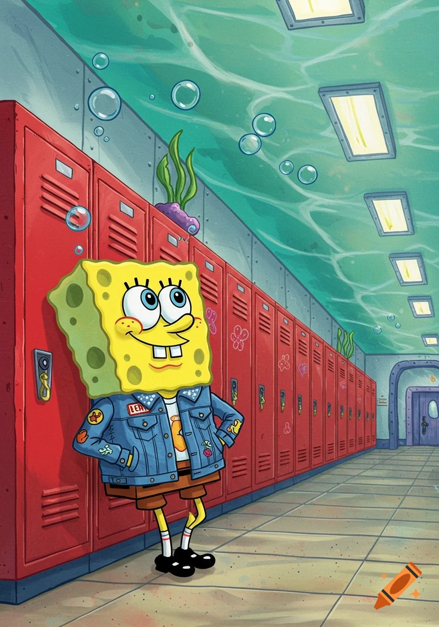 Spongebob SquarePants, wearing a denim jacket and shorts, leans against a row of red lockers in an underwater school hallway.