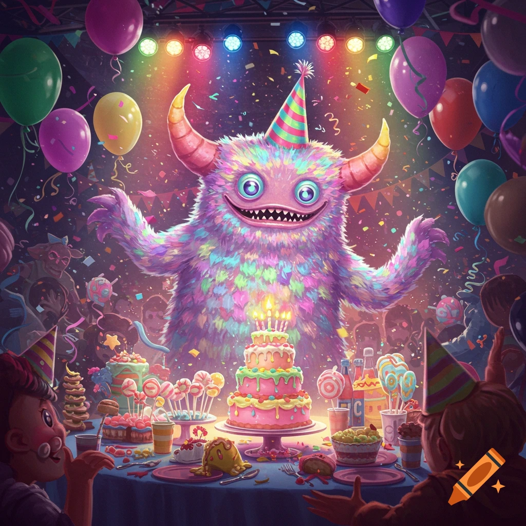 A colorful, fluffy monster in a party hat smiles widely at a birthday table laden with cakes, lollipops, and various sweets. Confetti and balloons fill the background, with children at the table.
