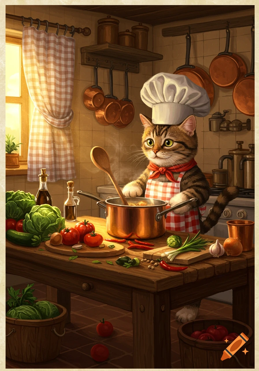 An illustrated tabby cat chef wearing an apron and hat, stirring a pot in a warm, rustic kitchen filled with vegetables.