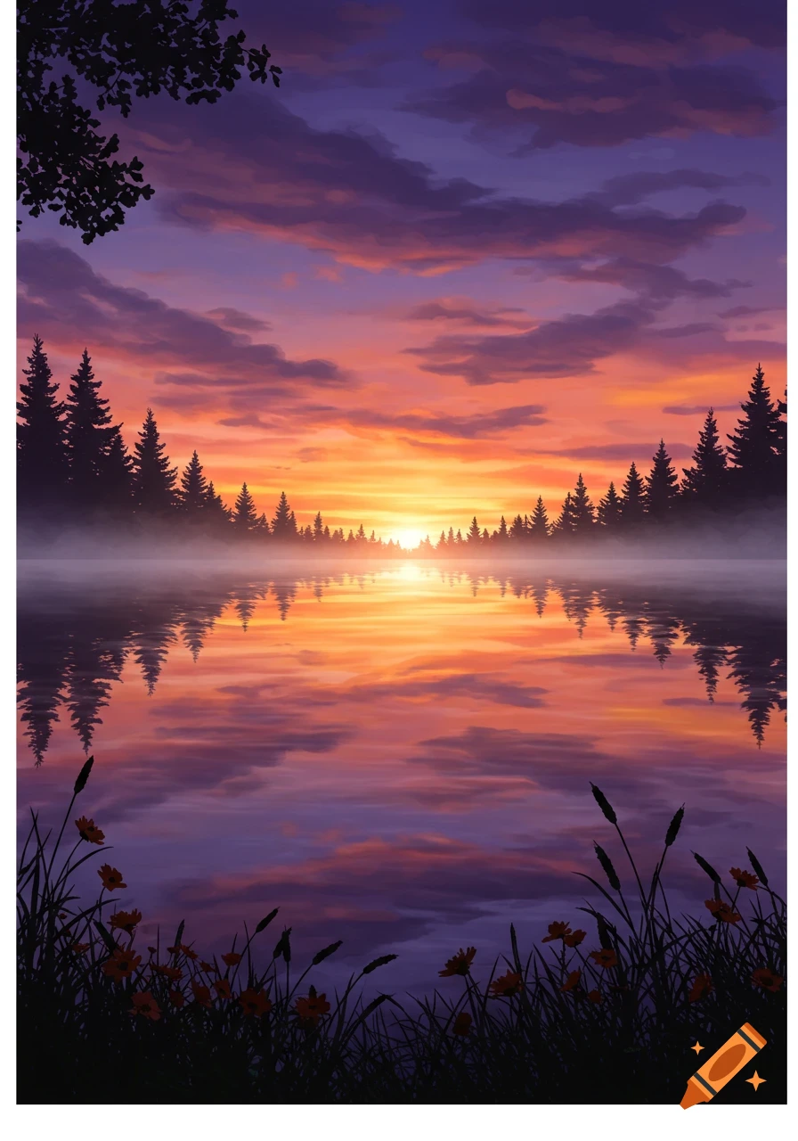 Vibrant illustration of a sunset over a misty lake, with silhouetted pine trees and colorful reflections on the water.