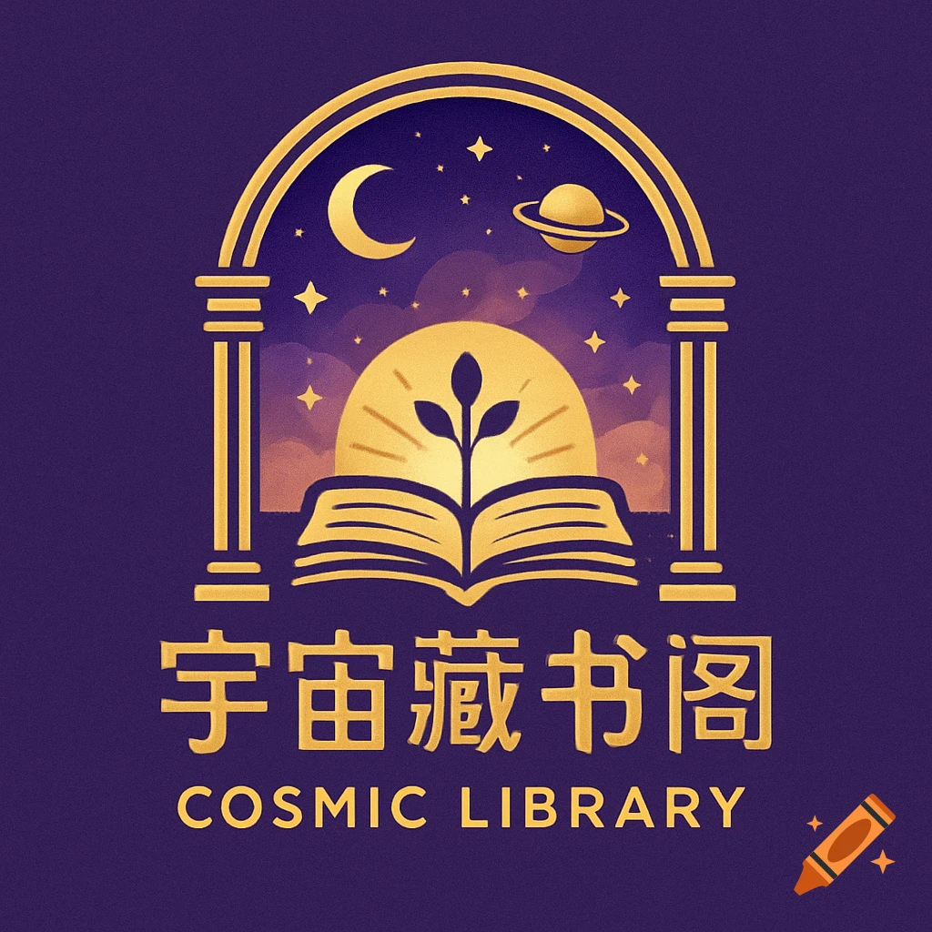 Golden logo on purple: arched frame, cosmic scene with moon, stars, planet; sun over open book with sprout. Text reads '宇宙藏书阁 COSMIC LIBRARY'.