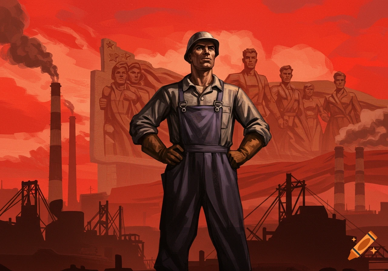 A worker in a helmet and overalls stands in front of an industrial landscape and heroic figures, in a Soviet propaganda art style.