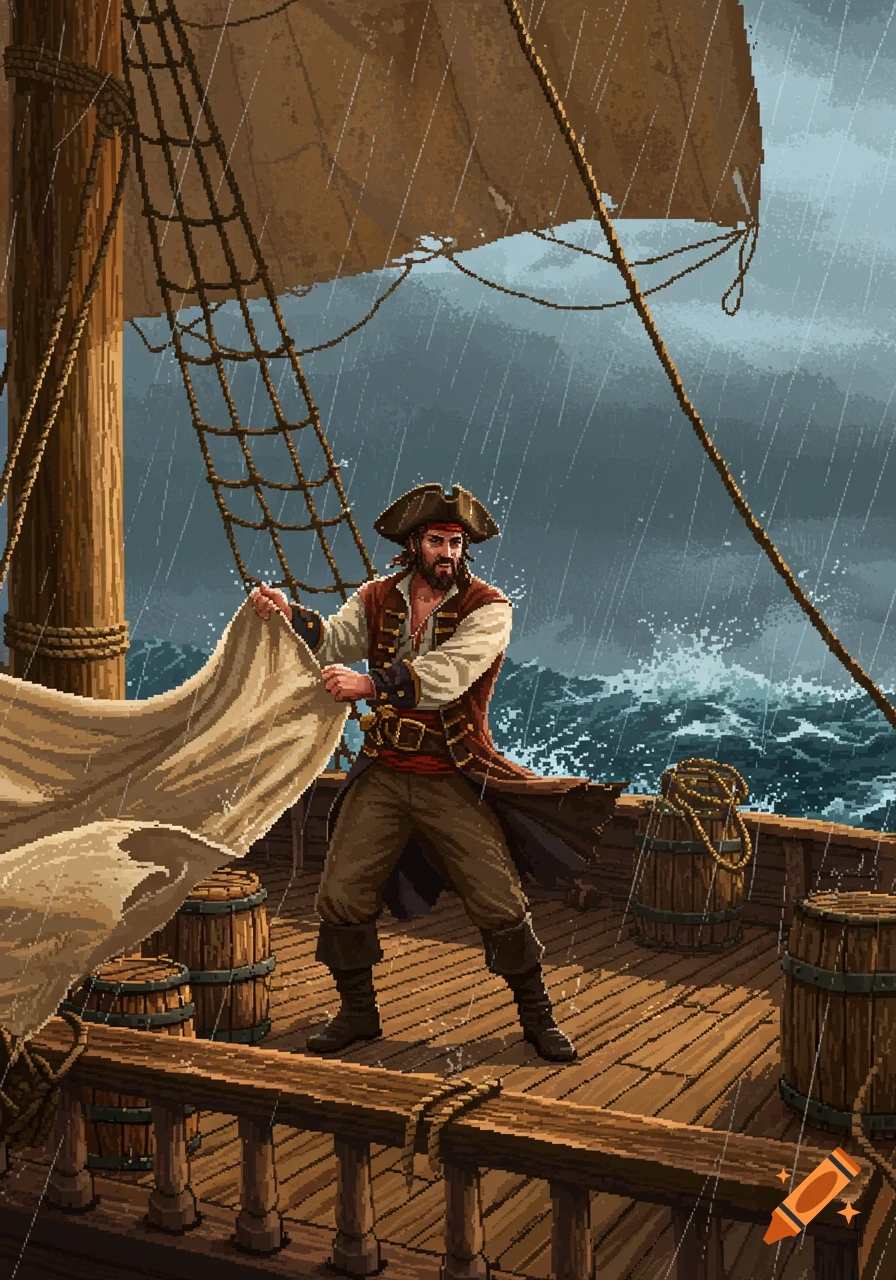 Pixel art of a pirate on a ship's deck, wrestling with a sail during a heavy rainstorm with crashing waves.