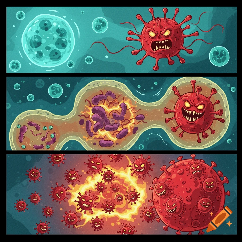 A cartoon comic with three panels showing a red virus invading a blue cell, replicating, and turning the cell into a factory producing many viruses.