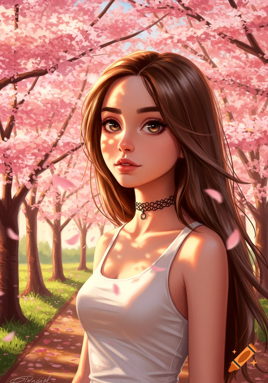 Anime girl with long brown hair, a choker, and a white tank top stands on a path surrounded by pink cherry blossom trees, digital art.