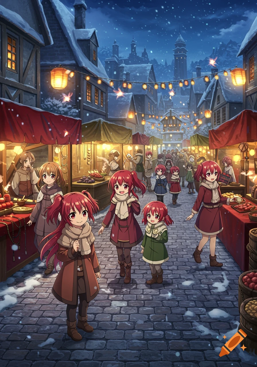 Anime-style depiction of people with red hair and red eyes at a bustling snowy medieval night market, lit by lanterns.