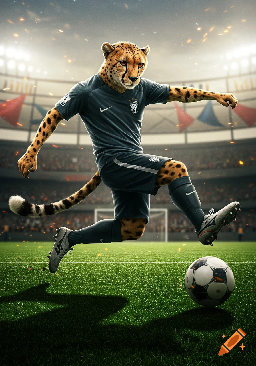 A photorealistic cheetah in a dark blue soccer uniform kicks a soccer ball on a green field in a brightly lit stadium.