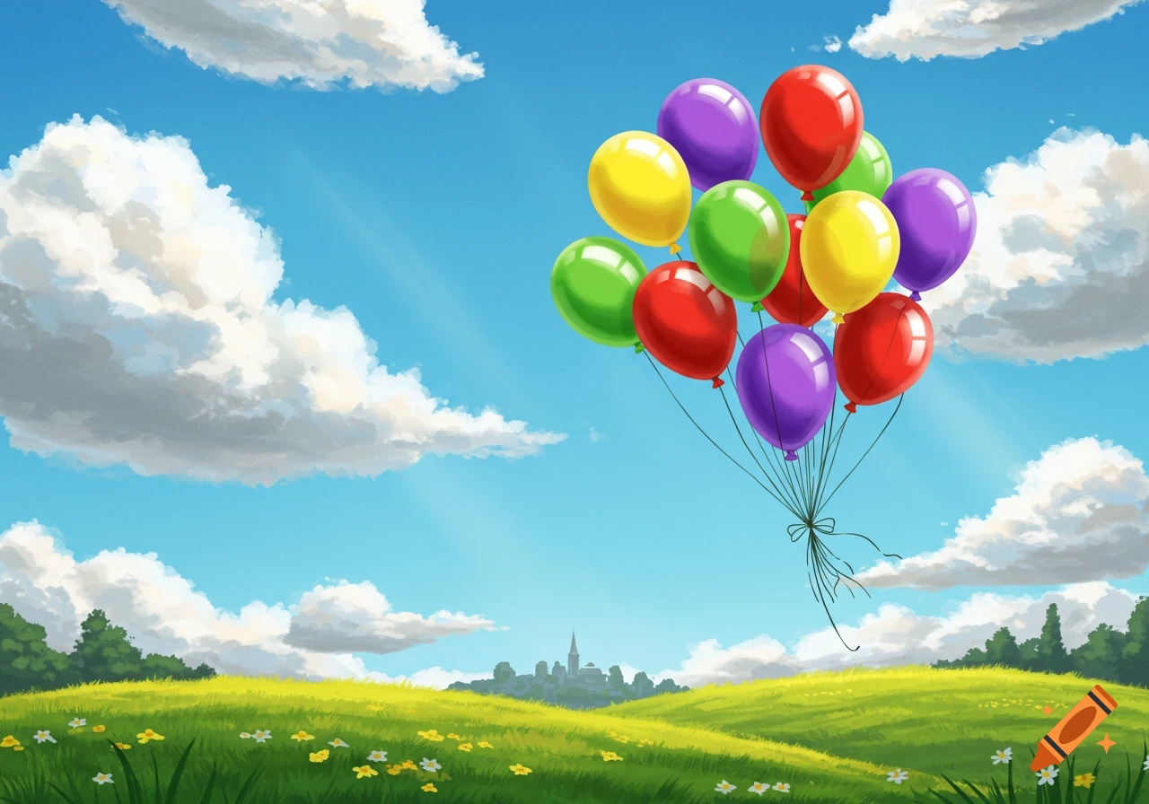 A colorful bunch of balloons floats above a bright green field with a distant town, under a blue sky with fluffy clouds.