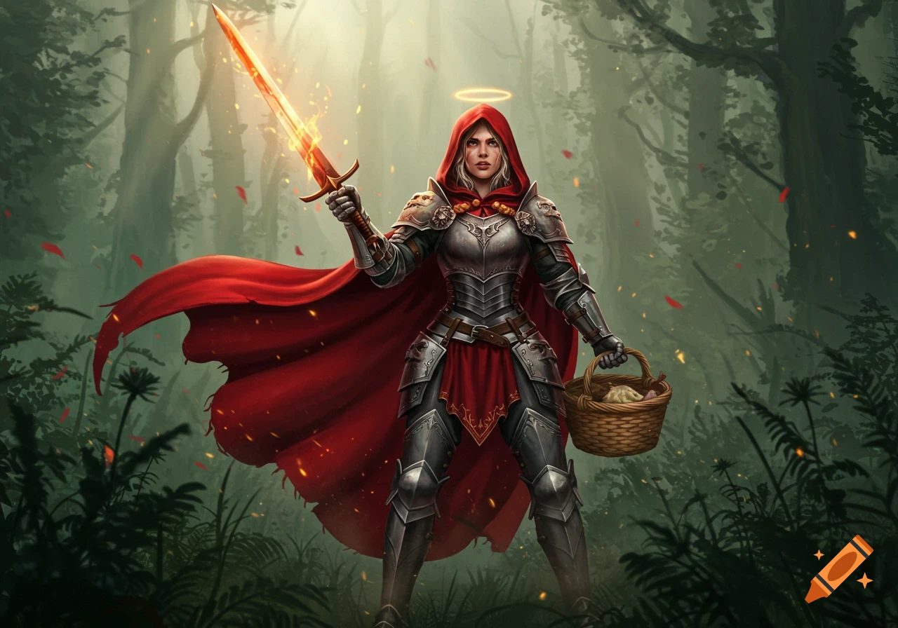A warrior Red Riding Hood in full silver armor and a flowing red cape, holding a glowing sword aloft and a basket, stands in a mystical forest.