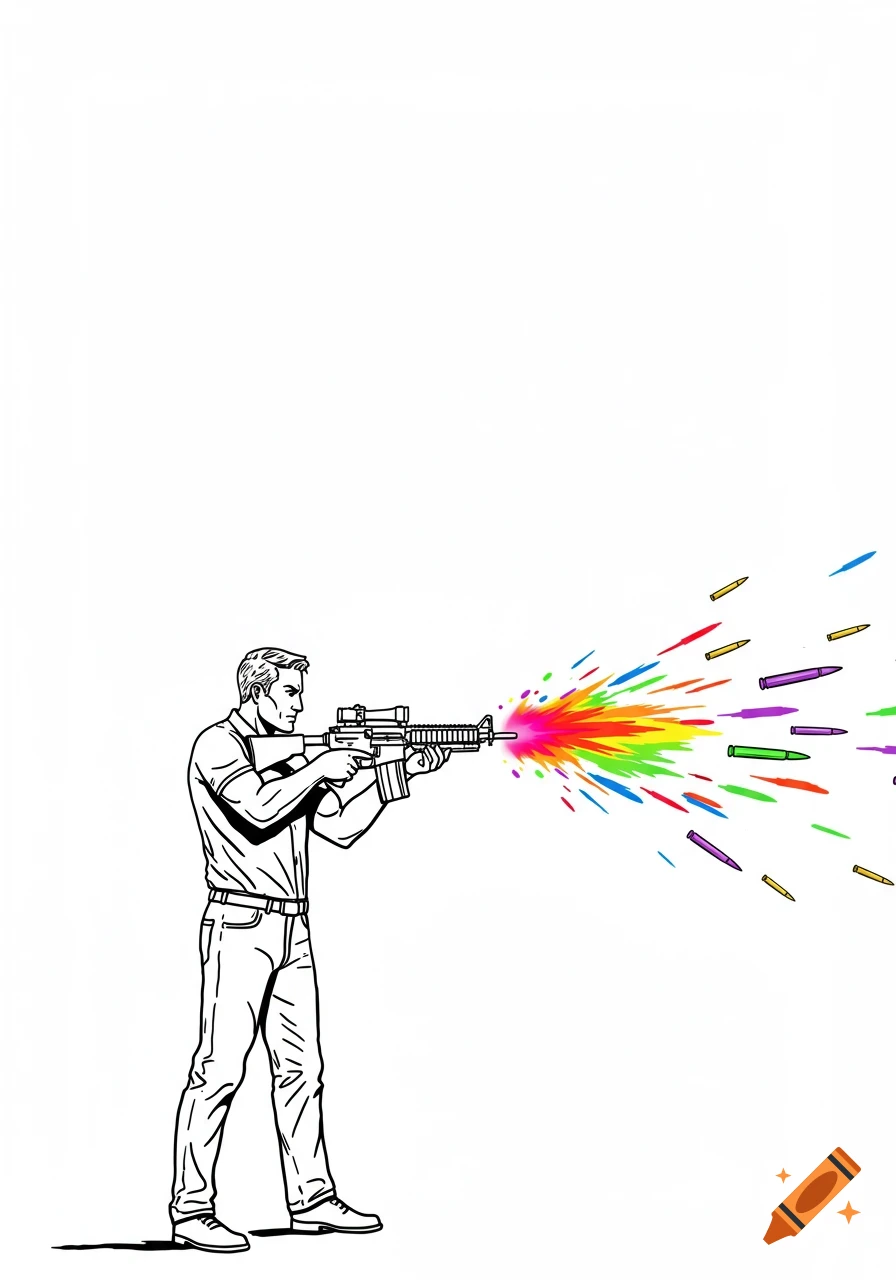 Line art of a man firing an AR-15 rifle with colorful rainbow bullets and muzzle flash.