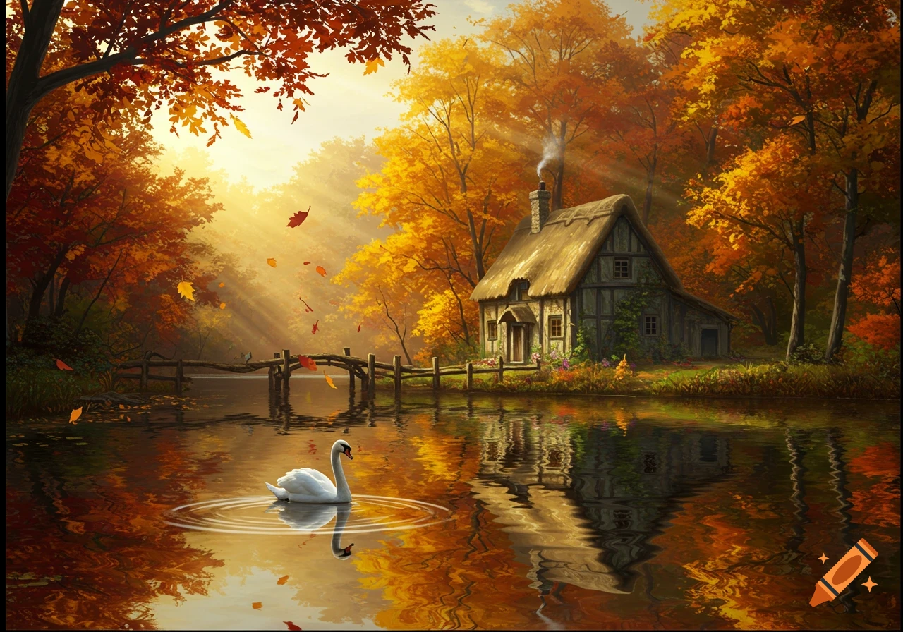 A white swan glides on a serene lake reflecting vibrant autumn foliage and a cozy cottage under a sunlit sky.