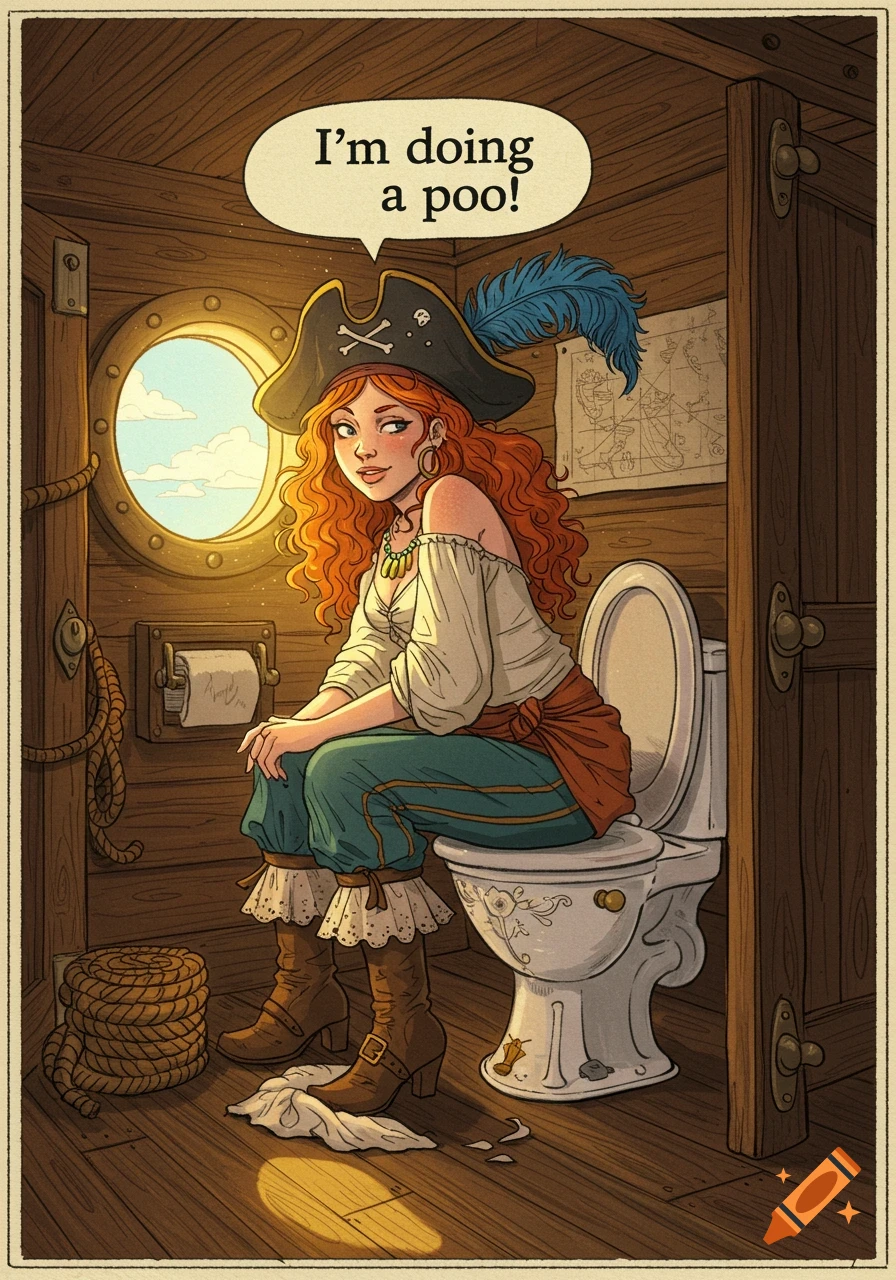 A cartoon illustration of a red-haired pirate woman sitting on a toilet on a ship, with a speech bubble saying 'I'm doing a poo!'.