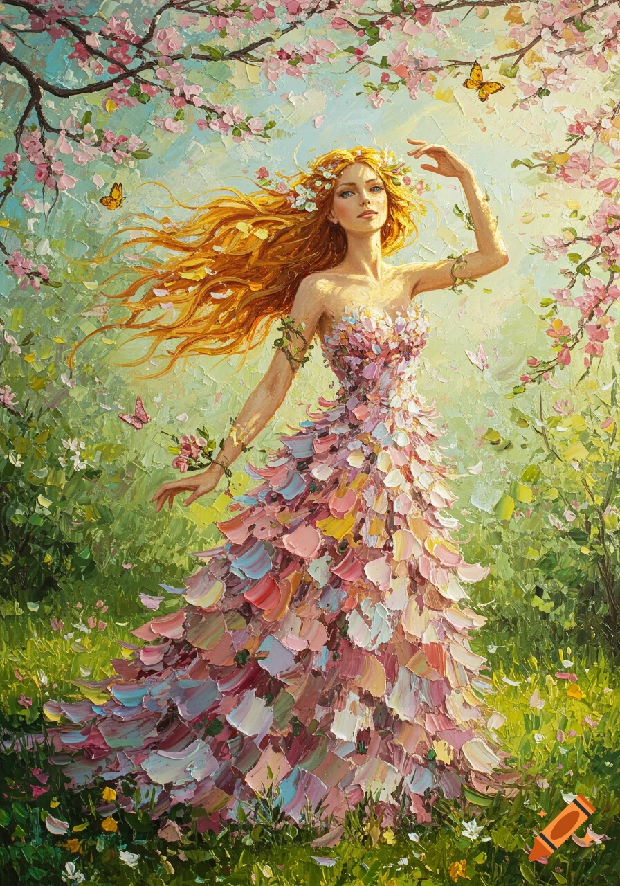 Oil painting of a goddess-like woman with long flowing hair and a petal dress, standing in a vibrant spring field with cherry blossoms.