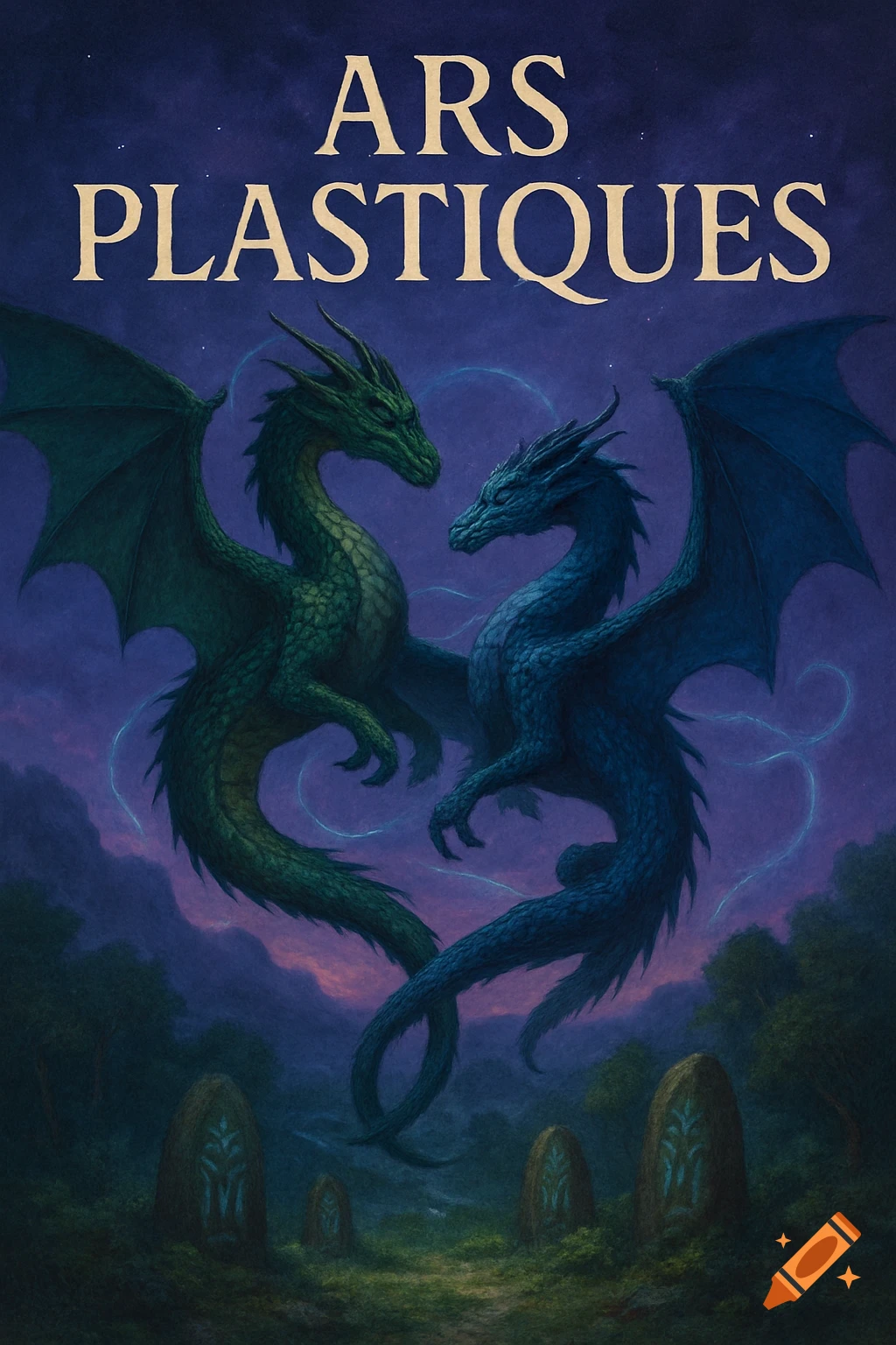 A green and blue dragon face each other in a starry night sky above ancient runes, with the text 'ARS PLASTIQUES' at the top.