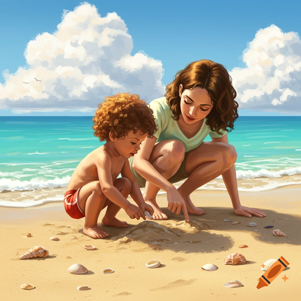 A mother and child playing on a sandy beach, looking for seashells in a vibrant illustration.