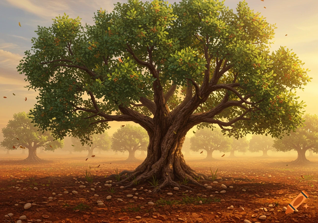 A large pistachio tree with green leaves and reddish nuts stands prominently in a golden-lit field with scattered shells, surrounded by other trees in a misty background.