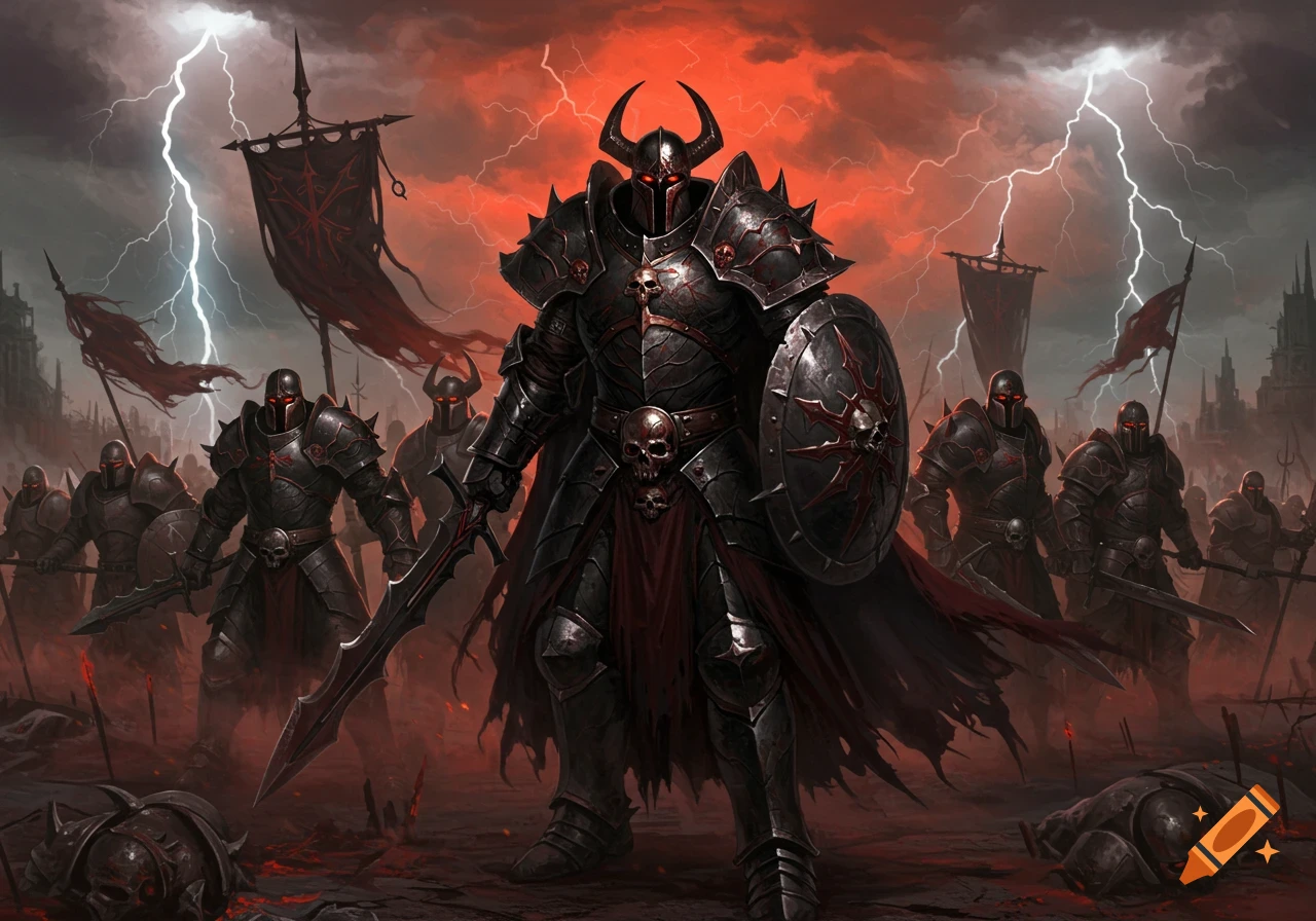A horned dark knight leads an army of armored warriors on a battlefield under a stormy red sky with lightning.