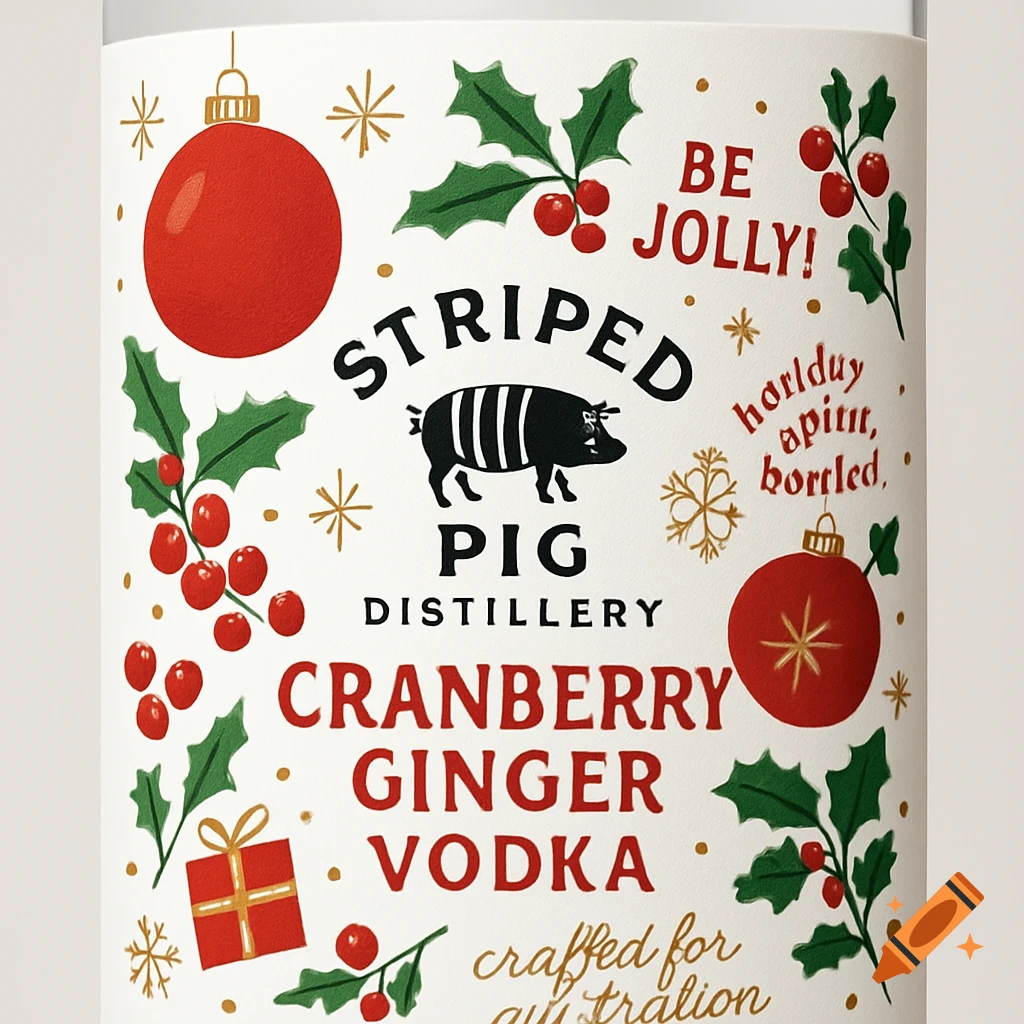 A white holiday vodka bottle label featuring a striped pig logo, red ornaments, green holly, and red text for 'Cranberry Ginger Vodka'.