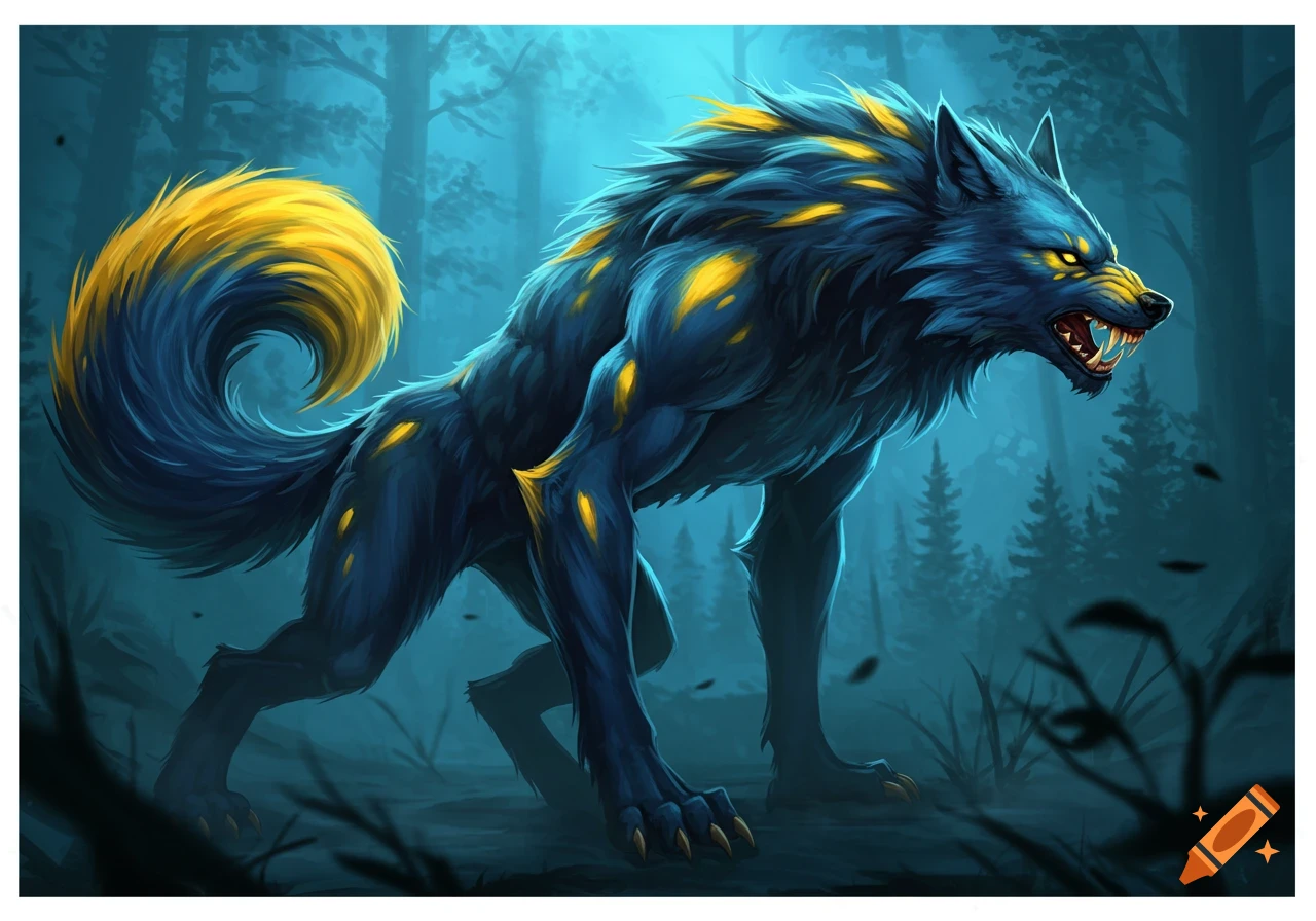A fierce blue and yellow werewolf-like beast with sharp fangs and claws stands in a dark, teal-lit forest, in a digital art style.