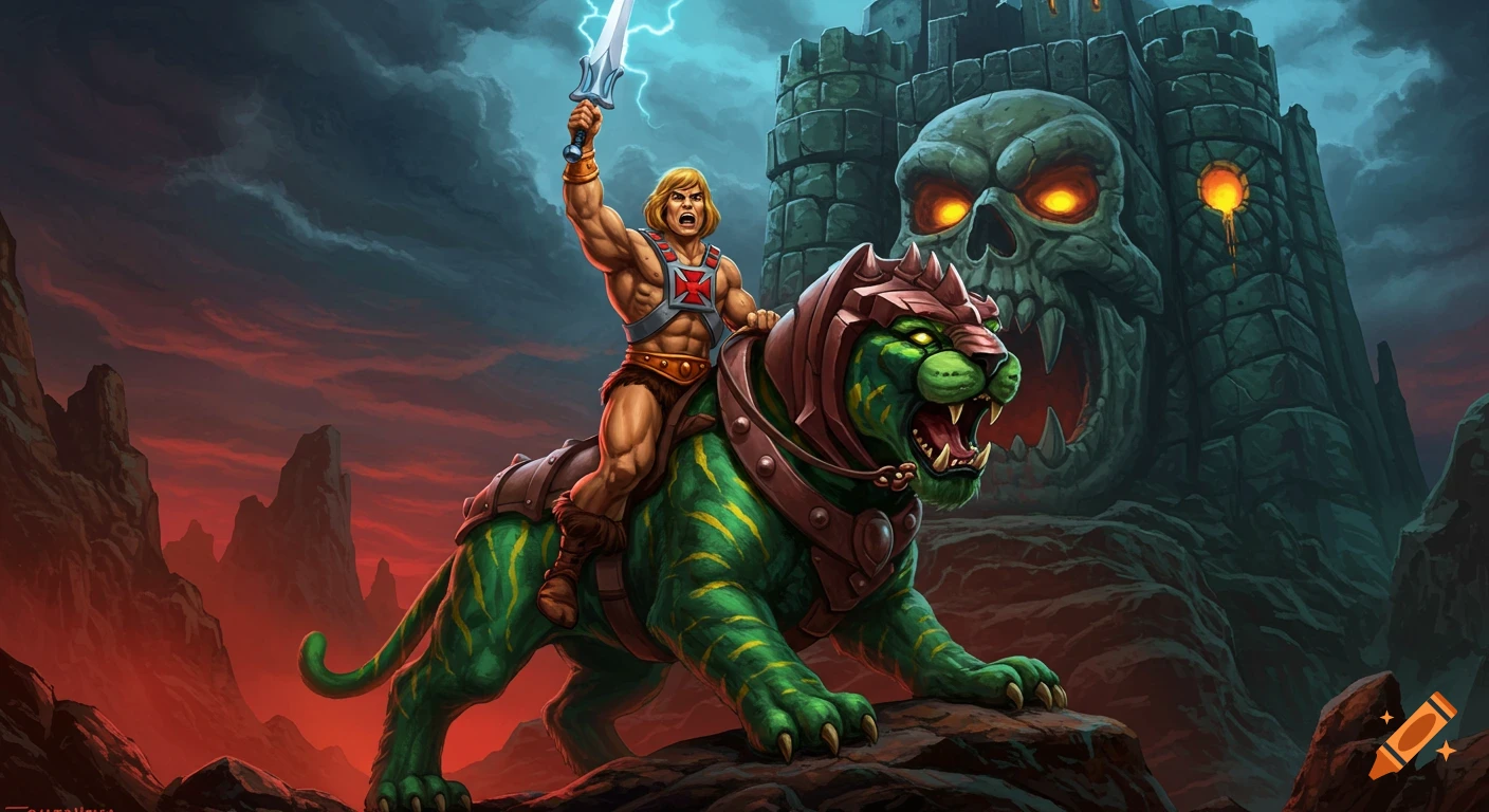 He-Man, sword raised, rides Battlecat in front of Castle Grayskull under a dramatic sky.