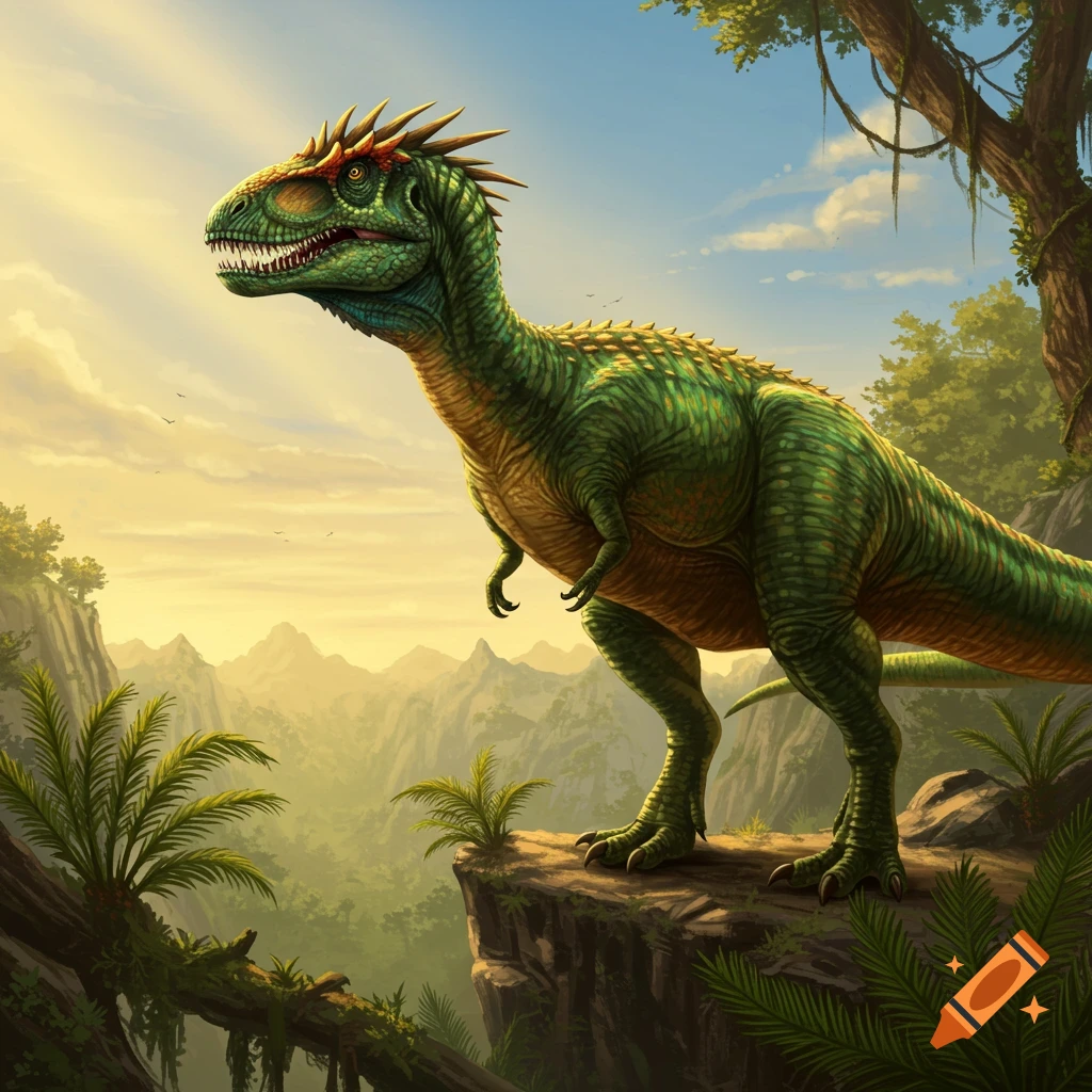 A green, spiky dinosaur stands on a rocky cliff overlooking a lush, prehistoric jungle landscape under a bright sky.