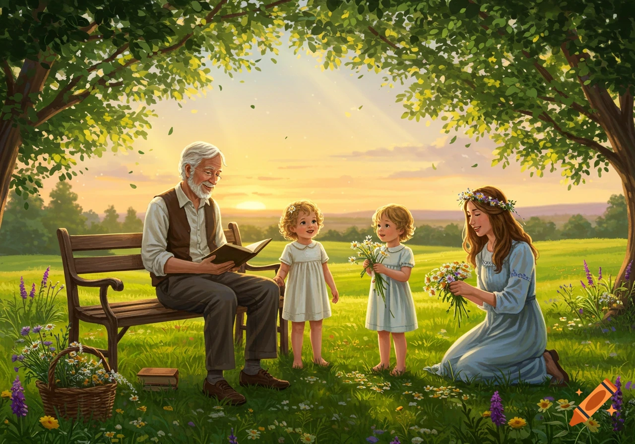 An elderly man reads on a bench while a woman and two young girls gather flowers in a sunny field under a tree.
