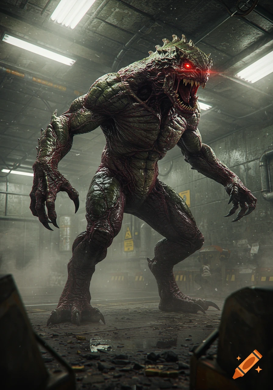 A monstrous, green-skinned creature with glowing red eyes and sharp claws stands in a dark, grimy industrial corridor.
