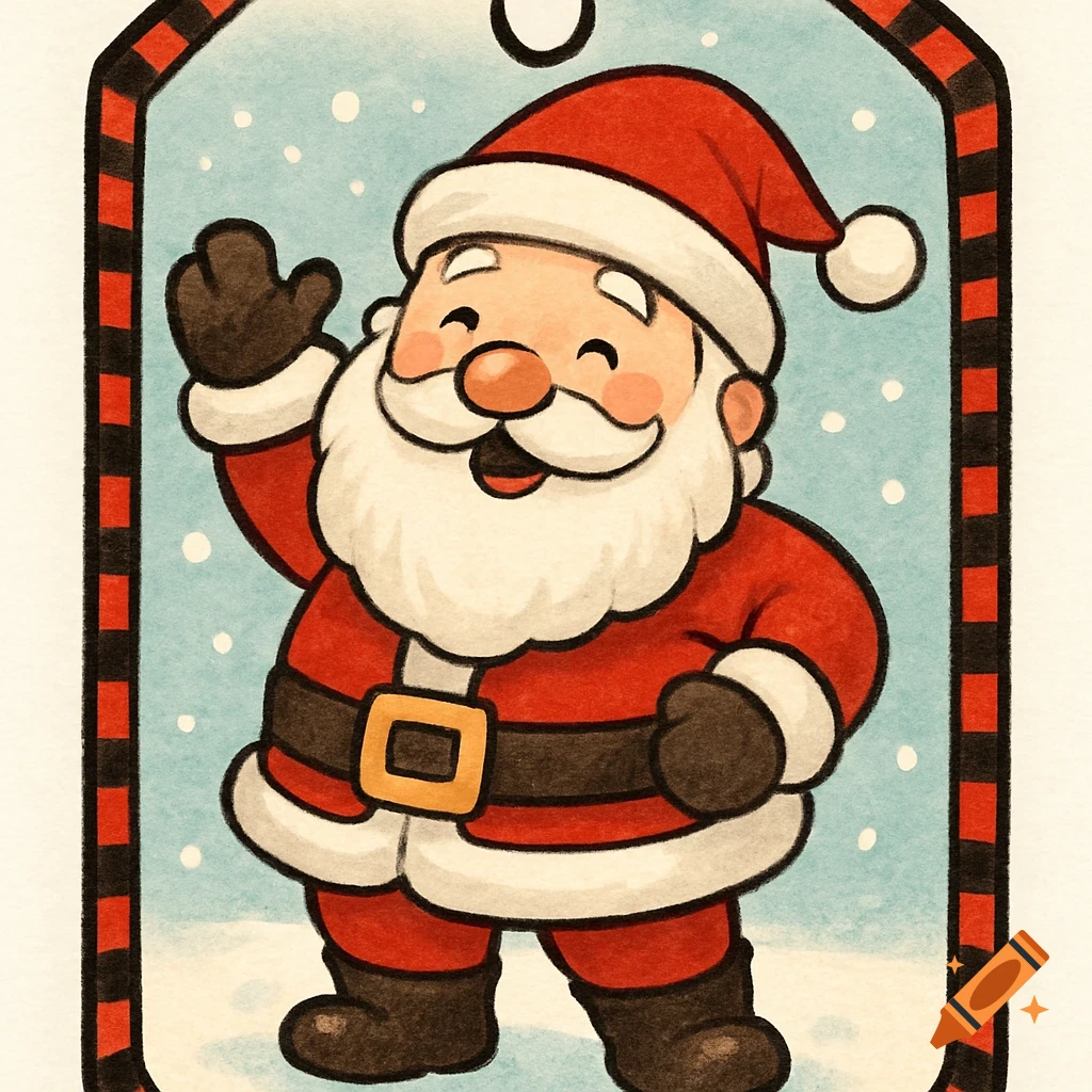 A cartoon Santa Claus waving from inside a gift tag with a red and black striped border and snowflakes in the background.