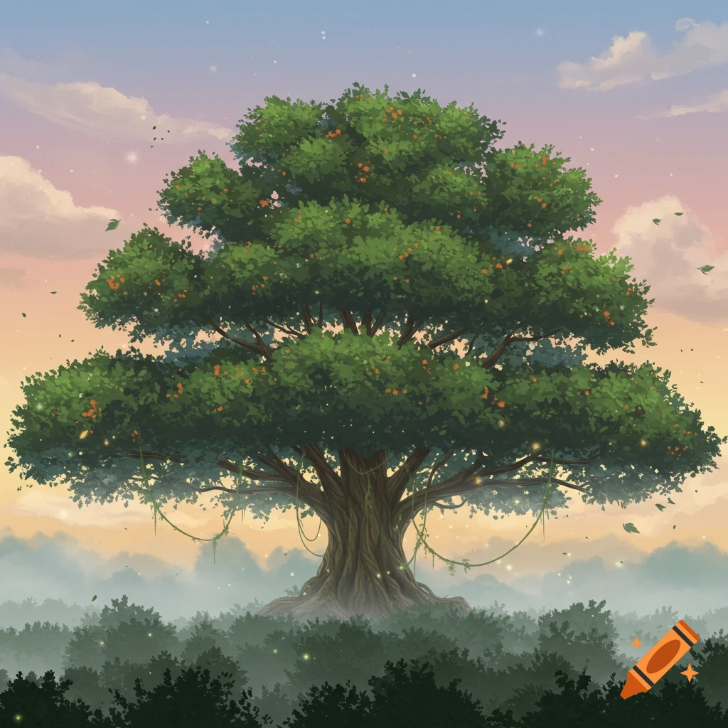 A majestic, old tree with a wide green canopy stands in a misty forest at sunset, with soft glowing lights.